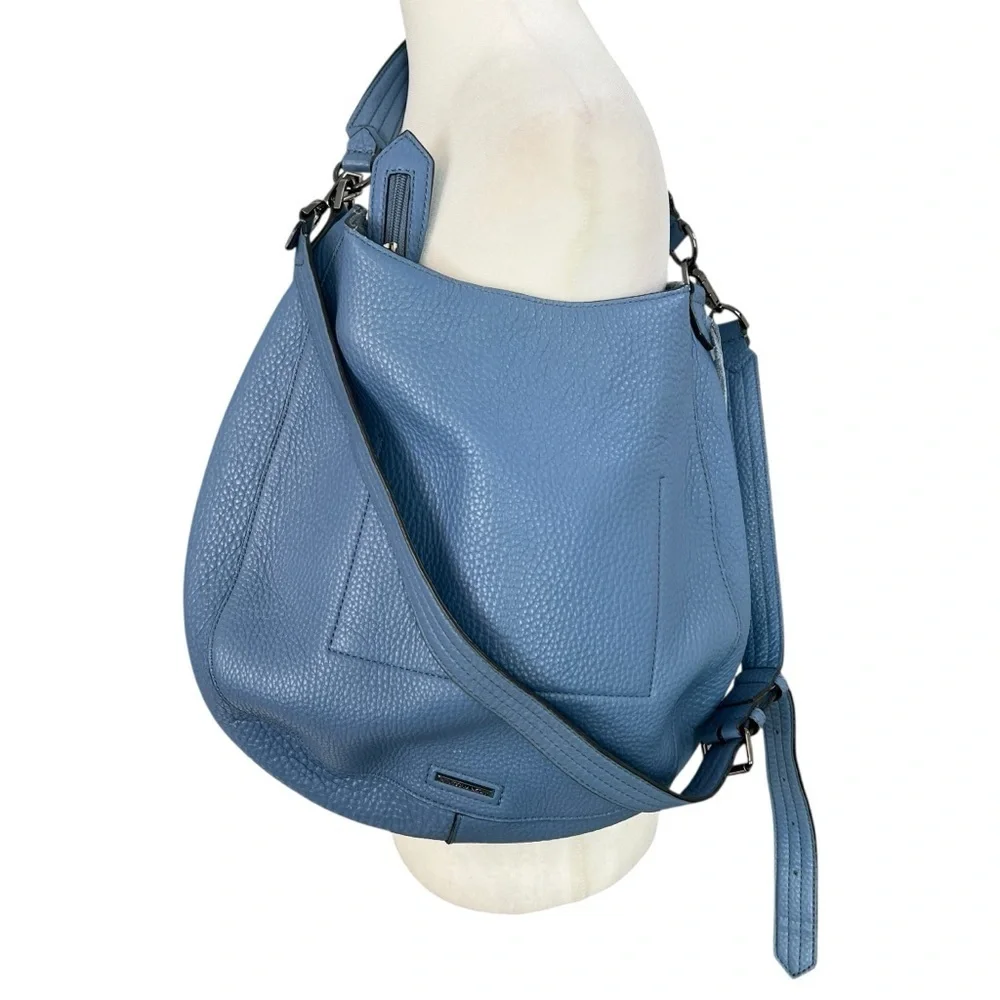 REBECCA MINKOFF Pebbled Leather Hobo Bag Blue Braided Shoulder Purse